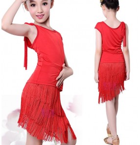 Red black and patchwork spandex fringes tassels girls kids children baby school play stage performance samba latin ballroom salsa cha cha dance dresses outfits costumes
